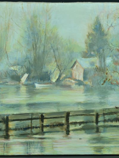Ancien tableau bord de rivière post impressionniste signé brume matinale Somme