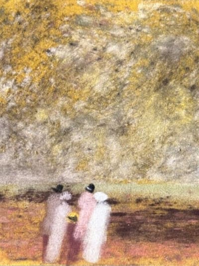 Ancien dessin pastel impressionniste élégante en bord de mer Gabrielle Bellocq