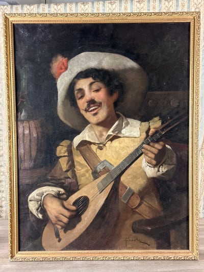 Beau tableau ancien portrait homme musicien luth taverne Nice signé Fasoli XIXe