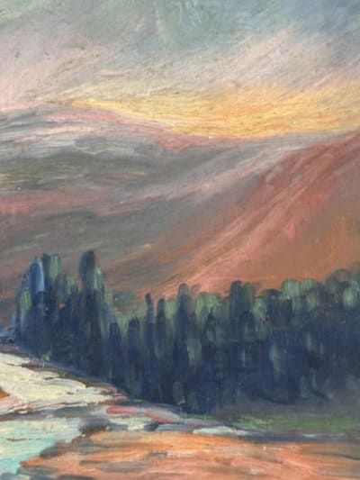 Ancienne tableau école Pyrénéenne vue d'un lac de montagne le soir par Géraud