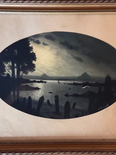 Beau dessin ancien Istanbul mosquée Bosphore la nuit Onnik der Azarian arménien