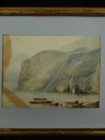 Tableau ancien aquarelle Ciceri paysage Pyrénées animé aquarelle 1830 Isabey