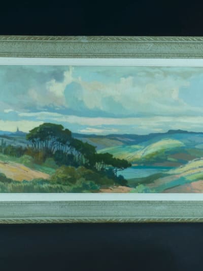 Tableau ancien paysage panoramique pins parasol Landes rivière Pierre Roblin