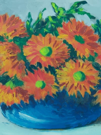 Ancien tableau nature morte au bouquet de fleurs signé Douzon vase bleu 1950