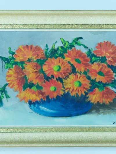 Ancien tableau nature morte au bouquet de fleurs signé Douzon vase bleu 1950