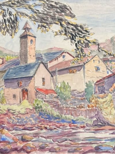 Ancienne aquarelle école pyrénéenne vue de village Ax-les-Thermes 1920 montagne