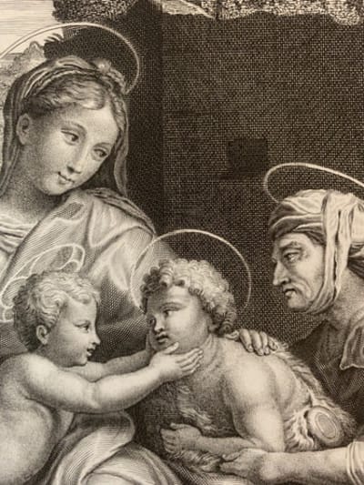 Belle gravure ancienne portrait de la Sainte Famille Maternité Raphael Baptiste