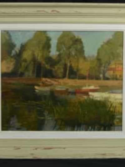 Raymond Tellier beau tableau bord de rivière animée barque paysage Douai rare