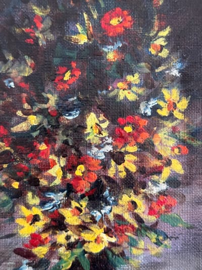 Ancien tableau huile sur toile signé P Ribera, nature morte bouquet de fleurs