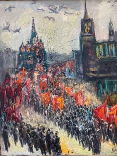 Ancien tableau vue Kremlin Russie Moscou Beris défilé place Rouge Suisse Judaica