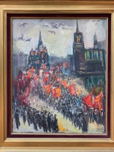 Ancien tableau vue Kremlin Russie Moscou Beris défilé place Rouge Suisse Judaica