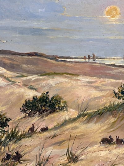 Tableau ancien plage paysage dune lapin marine bateau Le Touquet Fernand Maissen