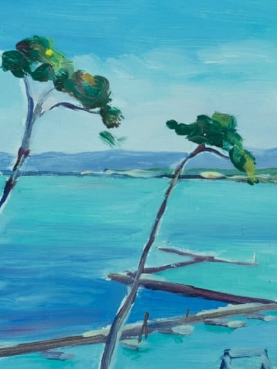 Ancien tableau orientaliste vue du port baie d'Alger art déco panorama Emile Bou