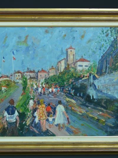 Tableau ancien paysage animé vue de village drapeaux tricolore Normandie Raumann