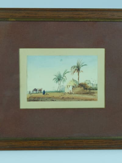 Tableau ancien orientaliste XIXe Amable Crapelet vue d'Egypte animé mausolée