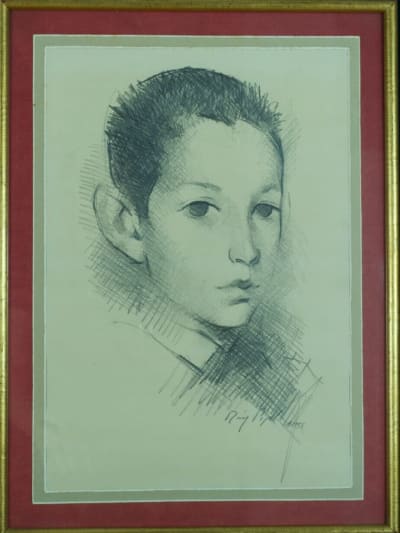 Tableau ancien rare dessin portrait de jeune garçon Manolo Ruiz Pipo 1958 Agen