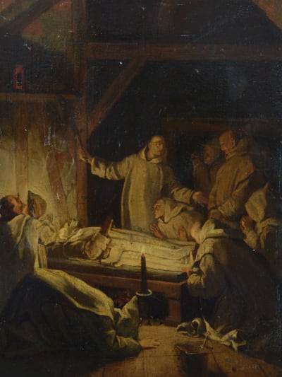 Beau tableau ancien religieux mort saint Bruno moine chartreux Eustache Le Sueur