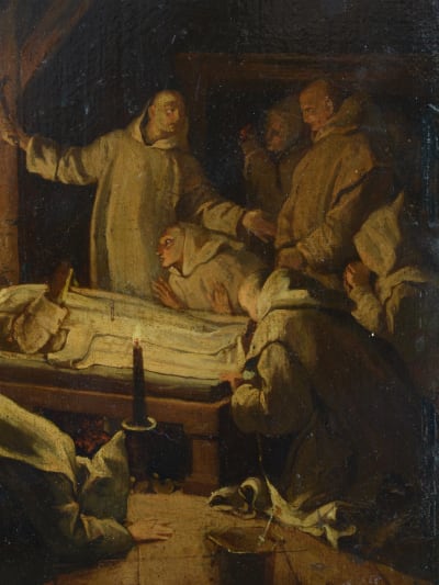 Beau tableau ancien religieux mort saint Bruno moine chartreux Eustache Le Sueur