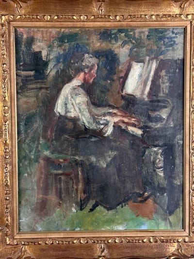 Ancien tableau ancien portrait de femme la pianiste intérieur salon 1910 Dantin