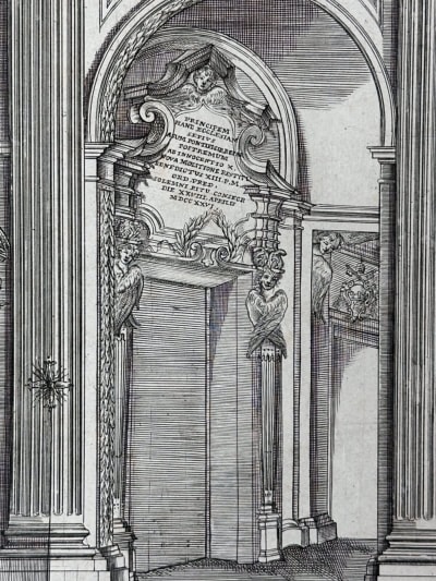 Ancienne gravure Rome architecture vue de temple Rocco Pozzi Romain 18e Latran