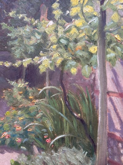 Tableau ancien paysage jardin été nature morte échelle pergola Quercy Chauvelot