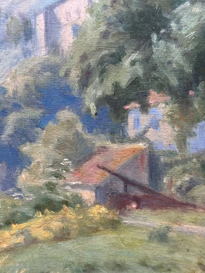 Tableau ancien paysage été vieille maison coline Albas Quercy Lot Chauvelot