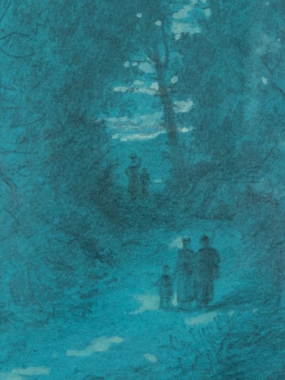 Ancien dessin paysage animé forêt Barbizon Fontainebleau Brunet Houard XIXe