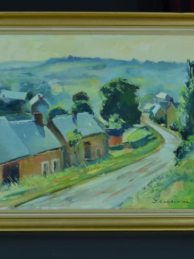Ancien tableau vue de village vendéen signé Condemine cadre Sennelier HST XXe