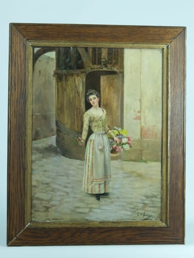 Cristóbal De Antonio tableau ancien Paris vieux métier la marchande de fleurs