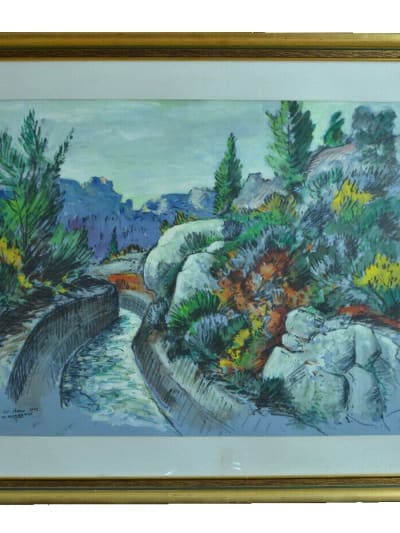 Grand tableau ancien paysage provençal Les Baux de Provence Rondeaux 83 cm