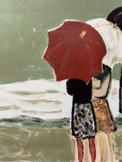 Cassigneul Honfleur litho femme parapluie mer bateau couleurs