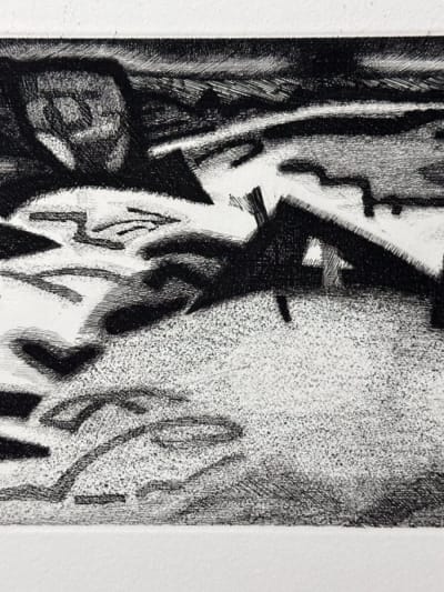 Gravure originale de Jacques Ramondot paysage synthétique Mollières art