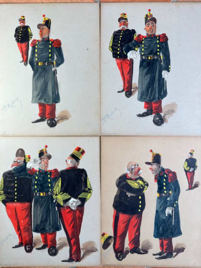 Ancien tableau infanterie militaire costume tenue colonie caricature Robert x 4
