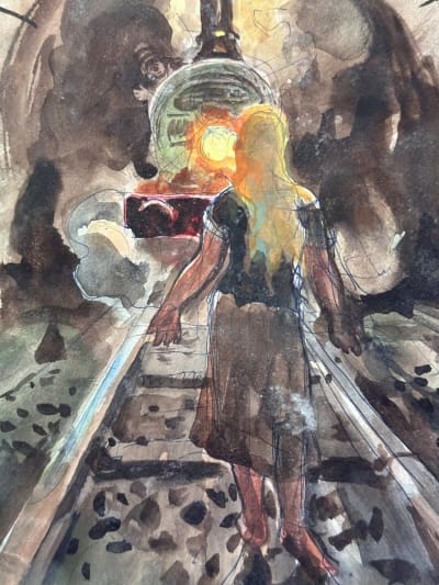 Dessin Jean Terles portrait femme rails train livre Parisien art français 1930