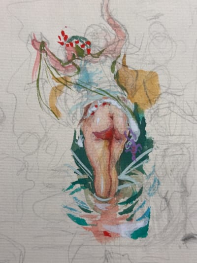 Dessin Jean Terles Curisosa portrait de femme dénudé de dos chat étude lune