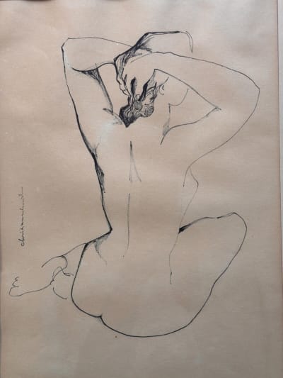 Dessin ancien Christian Schmidt portrait femme nue profil perdu dos se coiffant