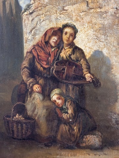 Tableau ancien d'après Alexandre Antigna portrait famille vielle à roue village