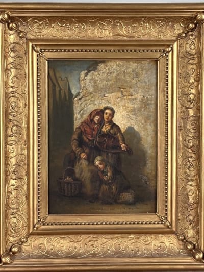 Tableau ancien d'après Alexandre Antigna portrait famille vielle à roue village