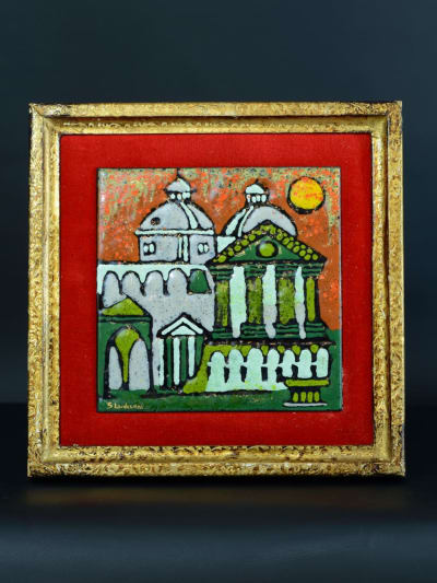 Beau tableau émaillé paysage romain monument Colisée Rome cadre signé Luchinnii