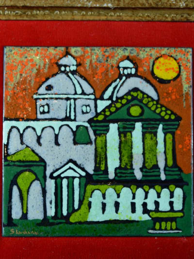 Beau tableau émaillé paysage romain monument Colisée Rome cadre signé Luchinnii