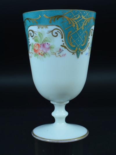 Ancien verre calice opaline bouquet de roses Art Nouveau signé souvenir Paris
