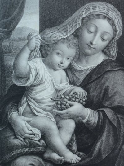 Grande lithographie gravure religieuse XIXe Vierge à l'enfant Mignard Lemercier
