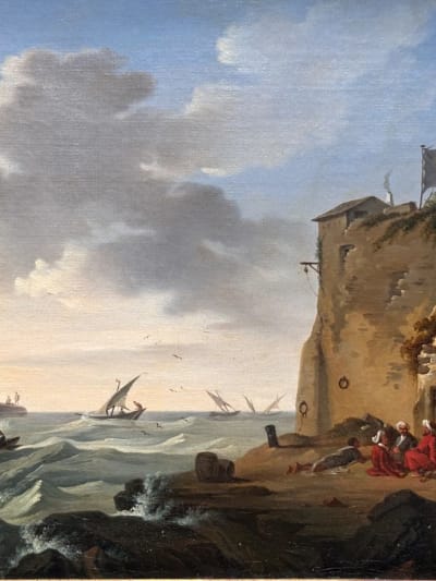 Beau tableau ancien marine orientaliste animée Algérie 1830 suiv Fatio, HST 19e