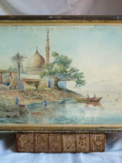 Tableau ancien orientaliste aquarelle bord du Nil mosquée Égypte Louis Crapelet