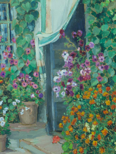 Tableau ancien vue de jardin printanier entrée de maison Hélène Rivière HST 1930