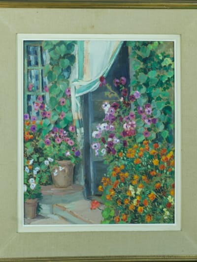 Tableau ancien vue de jardin printanier entrée de maison Hélène Rivière HST 1930