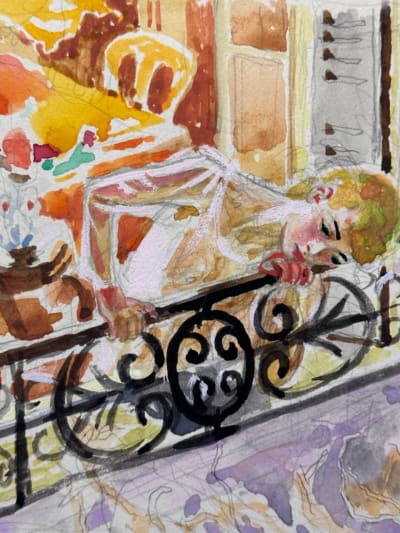 Dessin Jean Terles portrait femme à la fenêtre parisien art français 1930