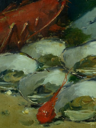 Ancien tableau nature morte huître homard bocal verre cuisine Alfred de Neuville