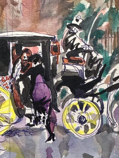 Dessin Jean Terles portrait femme élégante fiacre parisien art français 1930