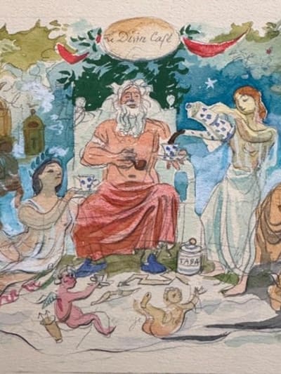 Dessin Jean Terles portrait bacchus nymphe allégorie le divin café pub ange